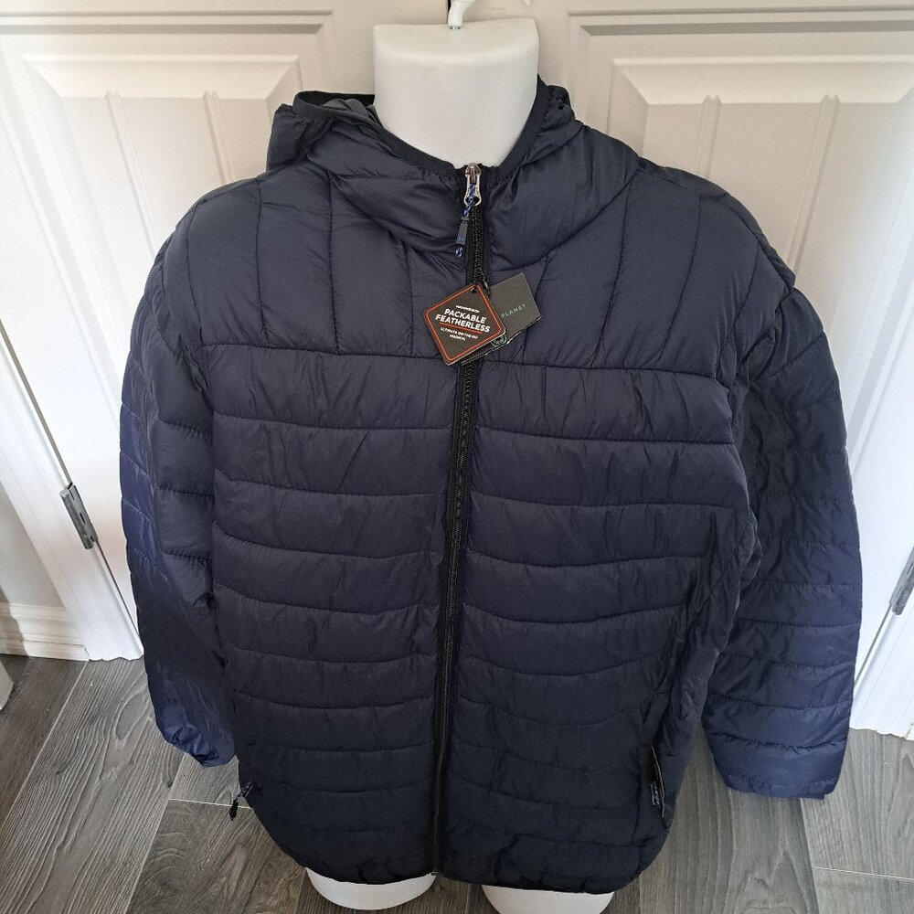 NWT Hawke & Co Men’s Featherless Fill Puffer lightweight hooded packable blue XL